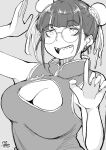  1girl breasts bun_cover china_dress chinese_clothes cleavage cleavage_cutout clothing_cutout dated double_bun dress glasses greyscale hadashi_no_kenji hair_bun hands_up highres large_breasts looking_at_viewer monochrome original sharp_teeth solo teeth upper_body 