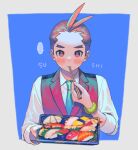  ... 1boy ace_attorney antenna_hair apollo_justice aqua_necktie blue_background blurry blurry_foreground blush border bracelet brown_eyes brown_hair chopsticks chopsticks_in_mouth closed_mouth collared_shirt cropped_torso eating fingernails food highres jewelry lapel_pin lapels male_focus necktie ouse_(otussger) outside_border red_vest romaji_text shirt short_hair sleeves_rolled_up solo spoken_ellipsis sushi tray upper_body vest white_border white_shirt 