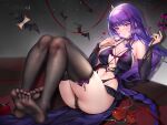  1girl absurdres apple apple_core black_choker black_thighhighs breasts choker commentary_request food fruit genshin_impact highres knees_up large_breasts lingerie long_braid long_hair looking_at_viewer melailai no_shoes purple_eyes purple_hair raiden_shogun reclining smile solo thighhighs thighs underwear very_long_hair 