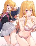  1girl blonde_hair blush bow bowtie bra breasts cleavage collarbone collared_shirt commentary_request gradient_background grey_skirt grin hand_up highres hoshino_ruby kneehighs large_breasts long_hair long_sleeves looking_at_viewer machi_(7769) mismatched_pupils multiple_views navel oshi_no_ko panties parted_lips patreon_username pink_bow pink_bowtie pink_eyes pleated_skirt shirt shirt_tucked_in side_ponytail sidelocks simple_background skirt smile socks symbol-shaped_pupils teeth thighs underwear v white_background white_socks 