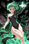  1girl aura bare_shoulders black_dress blood blood_on_face blush breasts covered_navel curly_hair debris dress floating floating_clothes floating_object green_eyes green_hair highres levitation looking_at_viewer medium_breasts one-punch_man psychic side_slit standing standing_on_one_leg tatsumaki telekinesis thighs torn_clothes torn_dress 
