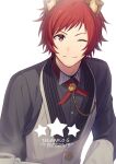 1boy animal_ears buttons chymr333 cup dog_boy dog_ears facial_hair goatee highres idolmaster idolmaster_side-m looking_at_viewer male_focus one_eye_closed paw_print red_eyes red_hair smile solo star_(symbol) teacup tendo_teru white_background 