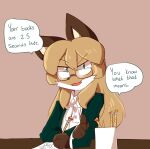  anthro averi_(fiddleafox) canid canine clothing dialogue drawing eyewear female fiddleafox fox glasses green_clothing green_suit hi_res mammal pencil_(object) solo suit talking_to_viewer threatening_aura 