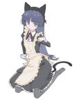  1girl animal_ears apron black_dress black_hair cat_ears cat_tail dress frilled_apron frilled_dress frills gokou_ruri grey_pantyhose highres hime_cut kurobeko_(kur0bek0) long_hair maid maid_apron mole mole_under_eye no_shoes ore_no_imouto_ga_konna_ni_kawaii_wake_ga_nai pantyhose paw_pose red_eyes sitting tail white_background yellow_apron yokozuwari 