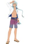  1boy aqua_hair blue_eyes bottle braid english_commentary feet full_body hair_between_eyes highres holding holding_bottle long_hair male_focus male_swimwear middle_finger official_art open_clothes open_shirt solo swim_trunks tales_of_(series) tales_of_asteria tales_of_rebirth toenails toes topless_male transparent_background veigue_lungberg 