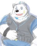  absurd_res anthro bandage blue_eyes canid canine canis clothing fur guratan_wa hi_res kemono lifewonders live_a_hero male mammal overweight simple_background sketchy solo topwear vest white_background white_body white_fur wolf wristband yohack 
