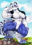  2022 4_toes abs absurd_res anthro big_muscles blue_body blue_fur breasts featureless_breasts feet felid female flexing_bicep fur hair hi_res huge_muscles looking_at_viewer mammal murazaki muscular muscular_anthro muscular_female pantherine purple_body purple_fur solo striped_body striped_fur stripes tail taimu_(curioustorvald) tiger toes traditional_media_(artwork) white_body white_fur white_hair 