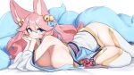  1girl ahri_(league_of_legends) animal_ears bare_shoulders bell blue_bow blue_eyes blue_tail bow breast_press breasts closed_mouth facial_mark fox_ears fox_girl fox_tail hair_bell hair_between_eyes hair_bow hair_ornament hand_on_own_cheek hand_on_own_face highres huge_breasts japanese_clothes jingle_bell kimono kitsune league_of_legends long_hair looking_at_viewer lying multiple_tails no_panties obi on_side pink_hair platform_footwear sandals sash simple_background smile solo spirit_blossom_(league_of_legends) spirit_blossom_ahri tail thighhighs thighs whisker_markings white_background white_kimono white_thighhighs wide_sleeves yabby 