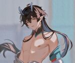  1boy ahoge armpit_crease bare_shoulders brown_hair chinese_clothes chinese_commentary dan_heng_(honkai:_star_rail) dragon_horns green_eyes guonyg hair_between_eyes highres honkai:_star_rail honkai_(series) horns long_hair male_focus nipples pectorals pointy_ears simple_background spoilers topless_male upper_body 