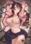  1girl arms_up bakemonogatari ball basketball_(object) black_hair bra bra_removed braid braided_ponytail breasts cellphone doughnut food hair_ornament hairclip hanekawa_tsubasa highres hxxg large_breasts long_hair monogatari_(series) navel open_clothes open_shirt panties parted_lips phone red_eyes snail solo stapler stomach sweat underwear 