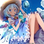  album_cover alternate_headwear bare_legs barefoot blue_bow blue_dress blue_eyes blue_hair blue_sky bow bubble_tea check_commentary cirno cloud collared_shirt commentary commentary_request cover dress drinking_straw fairy_wings floating flower frozen_frog givuchoko hair_bow hat holding holding_clothes holding_hat ice ice_wings levitation long_bangs official_art pinafore_dress pink_flower plant puffy_short_sleeves puffy_sleeves red_ribbon ribbon shirt short_hair short_sleeves sky sleeveless sleeveless_dress sun_hat sunflower tanned_cirno touhou touhou_cannonball vines white_shirt wings 