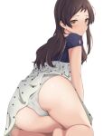  1girl ass blue_shirt blush brown_hair cameltoe dress grey_dress highres houki_(tonburi) idolmaster idolmaster_million_live! kitazawa_shiho kneeling looking_at_viewer looking_back panties pantyshot polka_dot polka_dot_dress shirt solo underwear white_panties 