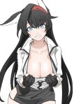  1girl absurdres animal_ears arknights black_gloves black_hair black_skirt blaze_(arknights) blush breasts cat_ears cat_girl cleavage clothes_pull collared_shirt commentary_request gloves green_eyes highres large_breasts long_hair long_sleeves looking_at_viewer partially_fingerless_gloves pulled_by_self rasupekuto shirt shirt_pull simple_background skirt smile solo teeth white_background white_shirt 