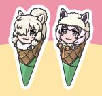  2girls :3 acesrulez alpaca_ears alpaca_huacaya_(kemono_friends) alpaca_suri_(kemono_friends) animal_ears bell blonde_hair blue_eyes blush_stickers bow bowtie chibi closed_mouth commentary ears_through_headwear fur_collar fur_hat hair_over_one_eye hat horizontal_pupils ice_cream_cone kemono_friends long_bangs looking_up medium_hair mini_person minigirl multiple_girls parted_bangs photo-referenced pink_bow purple_eyes smile symbol-only_commentary 