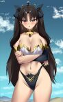  1girl absurdres armlet bikini black_hair blue_sky bracelet breasts cleavage crossed_arms detached_sleeves earrings fate/grand_order fate_(series) gold_trim hair_ribbon highleg highleg_bikini highres hoop_earrings ishtar_(fate) jewelry kurozawa_yui large_breasts long_hair looking_at_viewer mismatched_bikini neck_ring open_mouth parted_bangs red_eyes ribbon single_detached_sleeve sky solo swimsuit thighs tiara two_side_up 