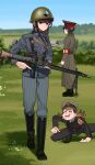  1boy 2girls absurdres armband bipod black_hair boots brown_hair field gun hearts_of_iron helmet highres holding_rifle komi-san_wa_komyushou_desu komi_shouko long_hair machine_gun military military_uniform multiple_girls pzkpfwi shoulder_boards sky tadano_hitohito uniform weapon yamai_ren 