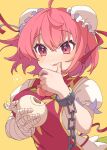  1girl absurdres ahoge bandaged_arm bandages baozi blush bun_cover chain cuffs e_sdss fingernails food food_on_face hair_between_eyes highres holding holding_food ibaraki_kasen pink_eyes pink_hair shirt short_hair short_sleeves simple_background solo tabard tongue tongue_out touhou upper_body white_shirt yellow_background 