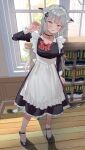  1girl animal_ears apron bell black_choker black_dress black_footwear book bookshelf bow breasts cat_ears cat_girl cat_tail choker choppy_bangs cleavage dress frilled_apron frills full_body grey_hair highres light_frown long_hair looking_at_viewer maid maid_apron maid_headdress medium_breasts neck_bell orange_eyes original parted_lips plant red_bow sidelocks standing subachi sweatdrop tail tree white_apron window wooden_floor wrist_cuffs 