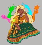  absurdres adapted_costume alternate_skin_color blonde_hair bracelet brown_eyes closed_mouth commentary earrings english_commentary full_body green_skirt grey_background highres indian_clothes jewelry long_hair matara_okina mercuriika sile simple_background skirt smug touhou 