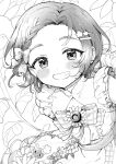  1girl blush braid braided_bangs flower flower_ornament forehead greyscale grin idolmaster idolmaster_cinderella_girls kinugoshi_makoto looking_at_viewer monochrome ribbon_trim ryuzaki_kaoru short_hair smile solo sunflower 