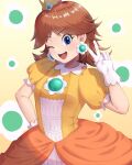  1girl aowa_(dakahi1009) blue_eyes breasts brown_hair crown dress earrings flower_brooch flower_earrings gloves hand_on_own_hip highres jewelry mario_(series) medium_hair one_eye_closed orange_dress parted_bangs princess_daisy puffy_short_sleeves puffy_sleeves short_sleeves small_breasts solo super_smash_bros. teeth upper_teeth_only v white_gloves 