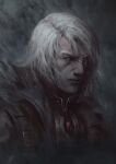  1boy armor billy_christian black_jacket glowing glowing_eyes gothic highres jacket magic:_the_gathering male_focus nose portrait sorin_markov upper_body vampire white_hair yellow_eyes 