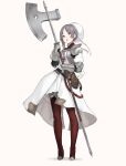  1girl armor asymmetrical_bangs belt belt_pouch boots breastplate dress full_body gauntlets grey_eyes grey_hair highres holding holding_polearm holding_weapon km_yama original polearm pouch shoulder_armor solo standing thigh_boots weapon white_dress 