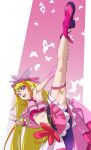  1girl :d absurdres armpits blonde_hair boots commentary cure_butterfly flexible hair_between_eyes hand_on_own_leg highres hijiri_ageha hirogaru_sky!_precure leg_up long_hair looking_at_viewer magical_girl midriff multicolored_hair navel open_mouth orange_hair pink_background pink_footwear precure purple_eyes simple_background smile solo split standing standing_on_one_leg standing_split tanabe_(fueisei) two-tone_hair very_long_hair w 