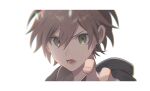  1boy brown_eyes brown_hair danganronpa:_trigger_happy_havoc danganronpa_(series) green_eyes hair_between_eyes hand_up liliy1191 looking_at_viewer lower_teeth_only male_focus naegi_makoto pointing pointing_at_viewer portrait short_hair simple_background solo teeth white_background 