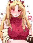  1girl absurdres blonde_hair blush earrings ereshkigal_(bitter_sweet)_(fate) ereshkigal_(fate) fate/grand_order fate_(series) hair_ribbon heart highres hoop_earrings jewelry long_hair looking_at_viewer masini-mashini615 nervous nervous_smile official_alternate_costume open_mouth red_eyes red_ribbon red_sweater ribbon simple_background sleeveless sleeveless_sweater smile solo sweat sweater valentine white_background 