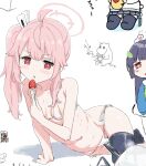  2girls bare_shoulders bikini black_thighhighs blue_archive blush breasts clearite collarbone eating food fork fruit hair_ornament long_hair looking_at_viewer multiple_girls natsu_(blue_archive) navel open_mouth pink_hair red_eyes side_ponytail sidelocks small_breasts solo_focus strawberry swimsuit thighhighs thighs white_bikini 