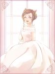  1girl :d animal_ears blue_eyes breasts brown_hair dress flymeteor gloves hand_up heterochromia indoors looking_at_viewer pixiv_fantasia pixiv_fantasia_scepter_of_zeraldia purple_eyes short_hair small_breasts smile solo standing white_dress white_gloves window 