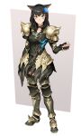  1girl animal_ears armor armored_boots avatar_(ff14) bangs black_hair blue_flower boots facial_mark final_fantasy final_fantasy_xiv flower full_body hair_flower hair_ornament long_hair looking_at_viewer miqo&#039;te shoulder_armor simple_background smile solo standing tsukinami_kousuke whisker_markings 