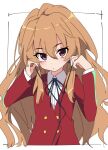  1girl aisaka_taiga brown_eyes brown_hair commentary_request ixy long_hair looking_at_viewer oohashi_high_school_uniform school_uniform simple_background solo toradora! upper_body white_background 