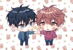  2boys black_hair blue_eyes blush chibi fist_bump floral_background given heart heart_background highres hood hoodie male_focus mi_muuuu motion_lines multiple_boys open_clothes open_mouth red_eyes red_footwear red_hair red_hoodie satou_mafuyu uenoyama_ritsuka white_background 