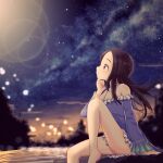  1girl artist_name bare_shoulders barefoot blue_dress brown_eyes brown_hair closed_mouth dated dress feet_out_of_frame fluno forehead hand_on_own_chin highres karakai_jouzu_no_takagi-san lens_flare long_sleeves looking_afar milky_way night night_sky off-shoulder_dress off_shoulder outdoors profile sitting sky solo spaghetti_strap star_(sky) takagi-san thighs 