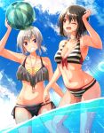  2girls ball beachball bikini black_bikini black_hair blue_sky breasts day gomasho_asuka grey_hair hand_up highres medium_breasts medium_hair multiple_girls navel o-ring one_eye_closed original outdoors purple_eyes red_eyes sky small_breasts striped striped_bikini swimsuit wading wet 