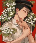  2boys black_hair black_headwear brown_eyes closed_mouth collared_shirt commentary_request dogwood_(flower) flower half-closed_eyes hat highres holding_another&#039;s_wrist kagoya1219 leaf looking_at_another male_focus multiple_boys original out_of_frame peaked_cap plant red_background shirt short_hair short_sleeves signature solo_focus standing upper_body very_short_hair white_flower white_shirt 
