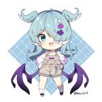  aqua_eyes black_footwear blue_hair blue_wings brown_gloves brown_overalls chibi dragon_wings elira_pendora elira_pendora_(1st_costume) gloves hair_ornament hair_over_one_eye hand_on_own_hip head_wings kaxukin long_hair low_wings multicolored_hair nijisanji nijisanji_en one_eye_covered overall_shorts overalls purple_wings shoes single_glove sleeves_past_fingers sleeves_past_wrists socks sweater virtual_youtuber white_hair white_socks white_sweater wings x_hair_ornament 