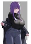  1girl black_coat black_sweater blush border breasts casual closed_mouth coat covered_collarbone cowboy_shot fern_(sousou_no_frieren) grey_pants highres large_breasts long_hair long_sleeves looking_down nonh_(wormoftank) open_clothes open_coat outside_border pants purple_eyes purple_hair sidelocks solo sousou_no_frieren sweater undressing white_border 