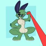  anthro arm_tuft bedroom_eyes blue_background blue_body blue_fur cheek_tuft chest_tuft crouching elbow_tuft eyewear facial_tuft fur glasses green_body green_fur half-closed_eyes hi_res lagomorph leash leash_pull leporid male mammal narrowed_eyes nonbinary_(lore) null null_bulge rabbit seductive simple_background smile smirk smug smug_face solo tuft white_body white_fur xing1 