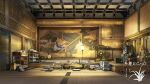  architecture armor east_asian_architecture gong highres indoors instrument japanese_armor lamp no_humans original scenery shouji sliding_doors table xingzhi_lv 