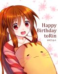  1girl 2017 :d absurdres akausagi animal_hug blush brown_hair character_name commentary_request dated doruji eyelashes eyes_visible_through_hair floral_print hair_between_eyes happy happy_birthday highres little_busters! long_hair long_sleeves looking_down natsume_rin open_mouth ponytail red_eyes red_shirt shirt sidelocks simple_background smile solo straight_hair upper_body very_long_hair white_background 