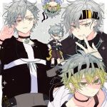  1boy absurdres alternate_costume black_choker black_shirt black_tank_top chibi choker clock_over_orquesta closed_mouth green_eyes green_hair grey_background grey_hair highres kao_ru05 looking_at_viewer male_focus multicolored_background multicolored_hair otoha_iosuke shirt sketch solo tank_top tongue tongue_out white_background 