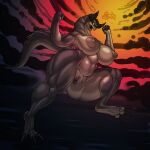  2023 absurd_res anthro anthrofied areola belly bethesda_softworks big_areola big_breasts big_muscles breasts claws deathclaw digital_media_(artwork) fallout female hi_res horn huge_breasts huge_muscles huge_thighs muscular muscular_thighs navel nipples rashchaos scalie solo thick_thighs yellow_eyes 