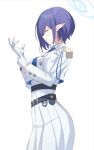  1girl absurdres aoi_(blue_archive) black_gloves blue_archive blue_hair blue_necktie breasts cropped_jacket gloves halo high-waist_skirt highres jacket kinjin mole mole_under_eye necktie pointy_ears short_hair skirt white_background white_gloves white_jacket 