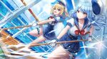  2girls blonde_hair blue_hair blue_sky breasts broom cloud dolphin_wave frilled_skirt frills gloves hair_ribbon handrail hat highres holding holding_broom kazami_ellen large_breasts long_hair multiple_girls nayuki_hiori ocean ootomo_takuji peaked_cap pleated_skirt puffy_short_sleeves puffy_sleeves red_eyes ribbon sailor sailor_collar ship_deck short_sleeves skirt sky small_breasts socks thigh_strap twintails 