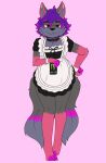  2_tails ambiguous_gender anthro ashe_infinity beverage canid canine clothing collar energy_drink fox fur grey_body grey_fur hair hi_res highlights_(coloring) infinity_symbol looking_at_viewer maid_apron maid_uniform mammal monster_energy multi_tail multicolored_body multicolored_fur multicolored_hair multicolored_tail pink_body pink_eyes pink_fur pink_highlights purple_hair queenrupti shirt_cuffs solo symbol tail uniform 
