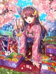  1girl :o arm_support bento blanket bottle bow broccoli cherry_blossoms cherry_tomato choppy_bangs chopsticks copyright day falling_petals flower food food_art frilled_sleeves frills grass hair_bow hanami holding holding_chopsticks incoming_food japanese_clothes kimono kimono_skirt lens_flare lettuce long_hair long_sleeves maid_headdress official_art omelet petals picnic pink_flower pink_kimono purple_hair red_skirt rice sakuramon shrimp shrimp_tempura sid_story sila_(carpen) sitting skirt solo sparkle tako-san_wiener tamagoyaki tempura tomato tree wide_sleeves wing_hair_ornament yellow_bow yellow_eyes yokozuwari 