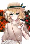  1girl absurdres alternate_costume blonde_hair brown_sweater commentary cup disposable_cup english_commentary green_eyes hair_ornament hairclip hat highres holding holding_cup lacia_everlight looking_at_viewer millie_parfait nijisanji nijisanji_en short_hair skirt smile solo sweater virtual_youtuber white_skirt 